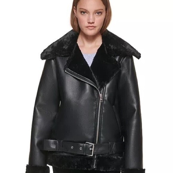 Calvin Klein moto jacket  cozy lining and faux fur collar size L, New - Picture 1 of 10